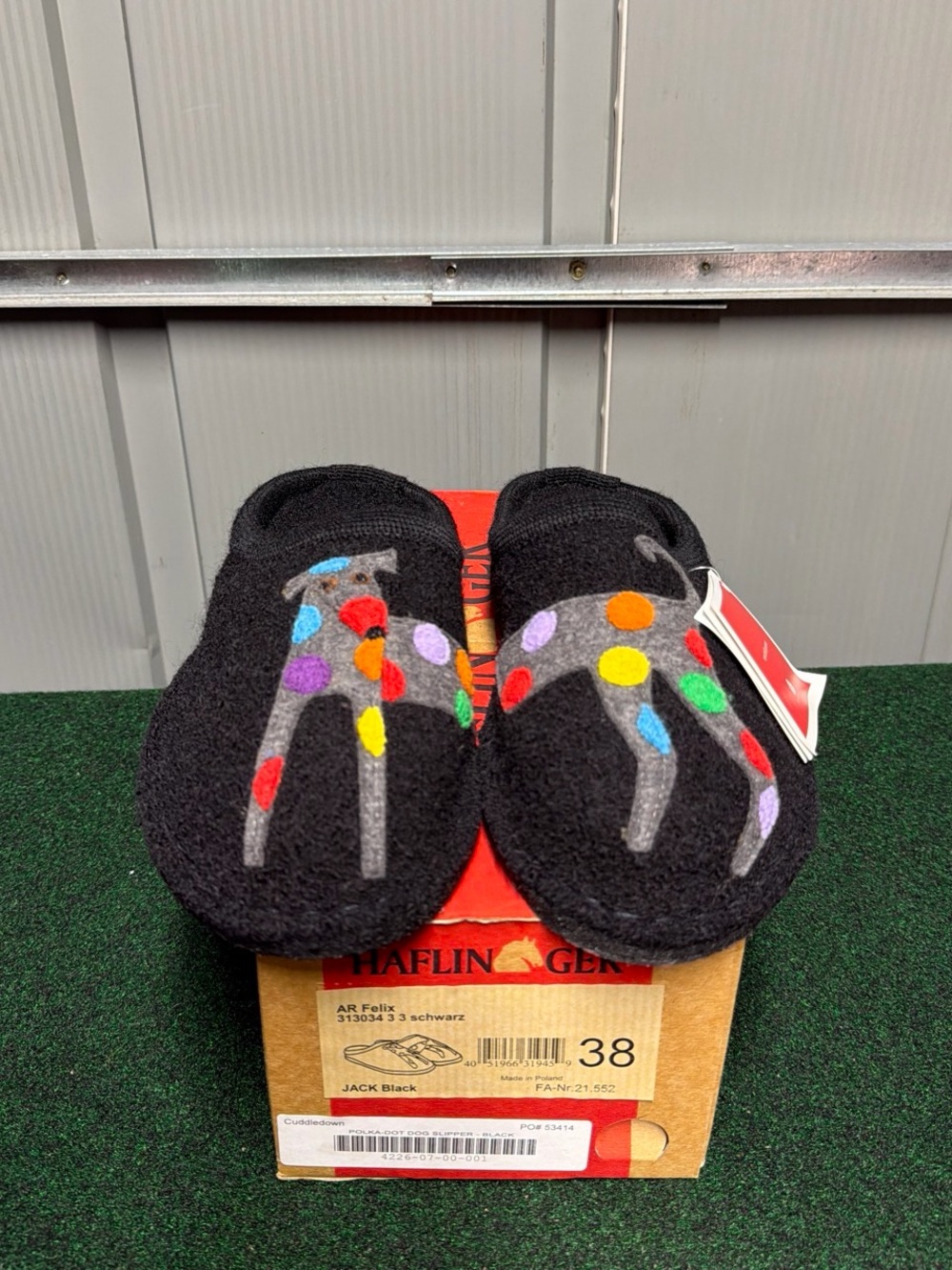 Haflinger AR Felix Jack Black Wool Dog Slipper - Women’s Size 38 New With Box